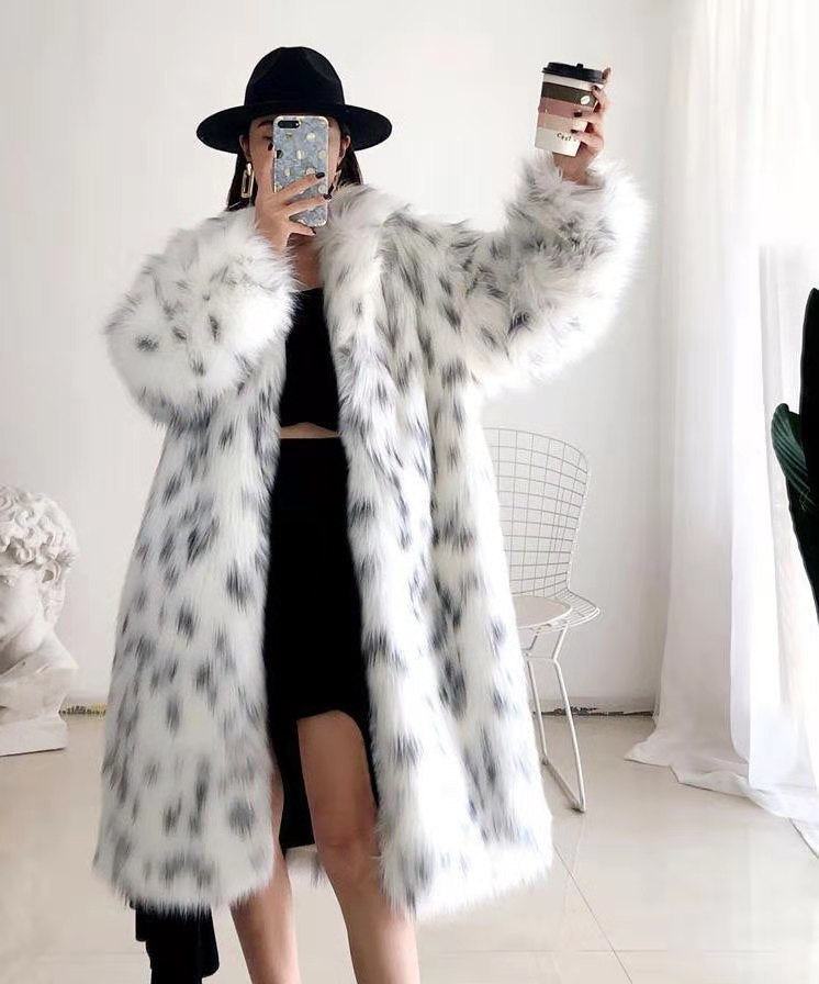 Reclaimed oversized longline faux fur coat white with dots