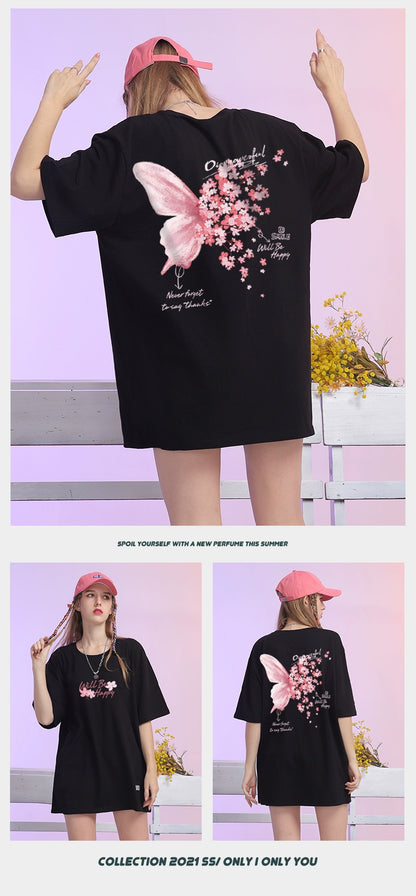 T-SHIRT EMBROIDERED CHERRY BLOSSOMS & BUTTERFLY