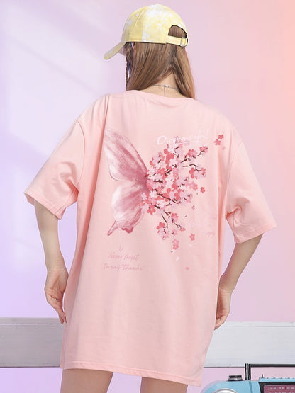 T-SHIRT EMBROIDERED CHERRY BLOSSOMS & BUTTERFLY
