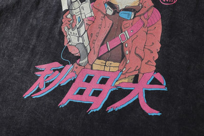 Akita Gun Shooter Cartoon T-Shirt, washed