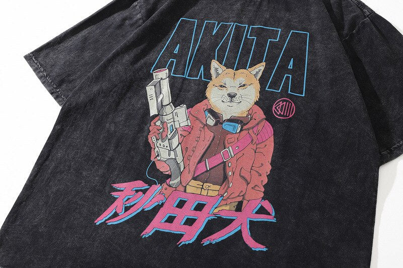 Akita Gun Shooter Cartoon T-Shirt, washed