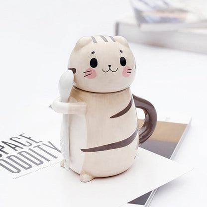 cat mug, cat thermo, cat cup cat ceramic coffee mug with spoon