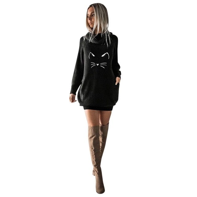 women dress, sweaterdress, cat sweater dress, cat women dress, women long sleeve dress Black / S Knitted sweater dress pattern