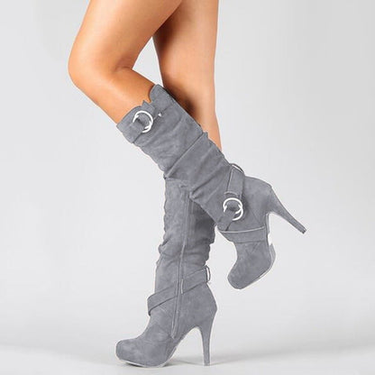 High heel thin boots, boots belt buckle, high heel Gray / 42 Women's High Heel Platform Mid-Calf Knee High Boots Shoes CJBHNSNS02701-Gray-42