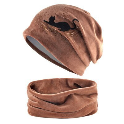 cat hat, cat women hatscarf, women hatscarf, ladies hatscarf, hat Set Brown women's beanie and scarf set with cat
