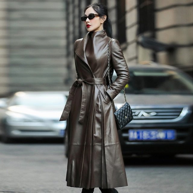 Women Coat, outwear coat, outwear jakcet Brown / S long leather coat "ARINA" ALC:001188614636.11