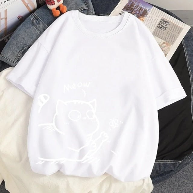 cat t-shirt, t-shirt, women tshirt Oversize t shirt Best O-Neck White Cotton