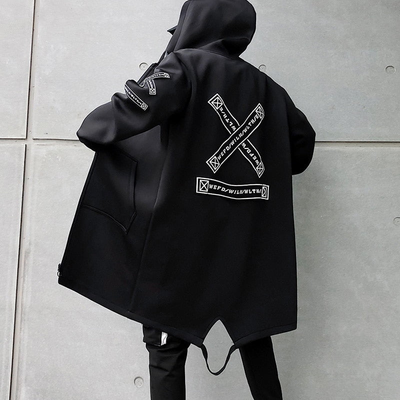 jacket, X-jacket Long hooded trench coat with X