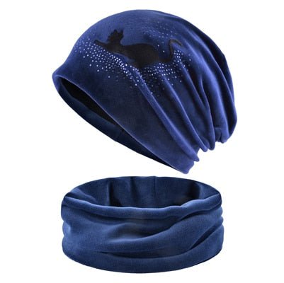 cat hat, cat women hatscarf, women hatscarf, ladies hatscarf, hat Set Blue women's beanie and scarf set with cat