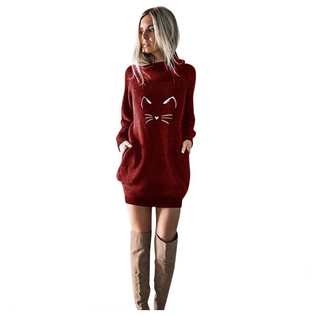 women dress, sweaterdress, cat sweater dress, cat women dress, women long sleeve dress Red / S Knitted sweater dress pattern