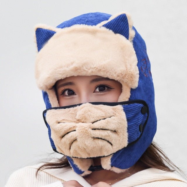 cat hat, cat women hat, women hat, ladies hat, hat Navy ladies winter hat with mask WCH:0024931740056.02