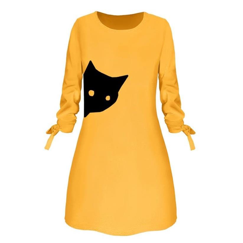 cat dress, women long dress, cat print women long dress, lady long dress Yellow / S Ladies short yellow dress