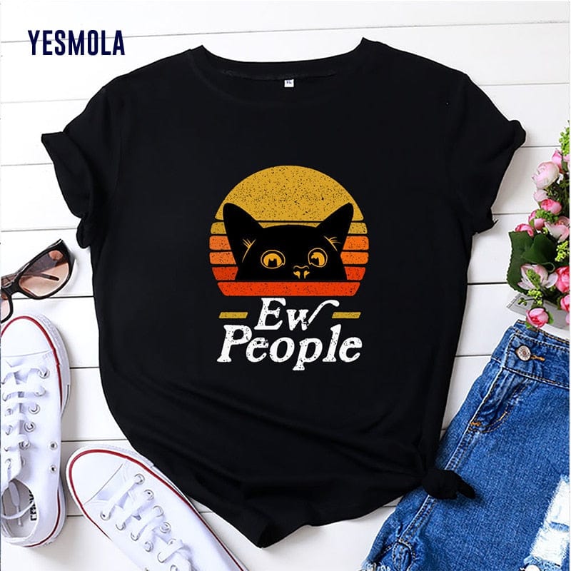 cat t-shirt, t-shirt, women tshirt black / S YES Cat Graphic T-shirt YCB:0020419266074.80