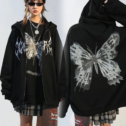Oversize hoodie Women's black zip up hoodie Butterfly