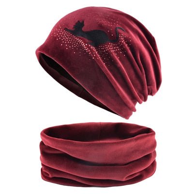 cat hat, cat women hatscarf, women hatscarf, ladies hatscarf, hat Set Red women's beanie and scarf set with cat