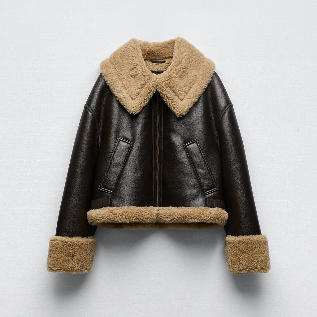New cropped aviator coat in dark brown