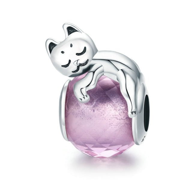 Cat Charms, Cat Jewelry, Cat Pendant, Silver Cat Charm ECC1178 Silver PinkStone Charm