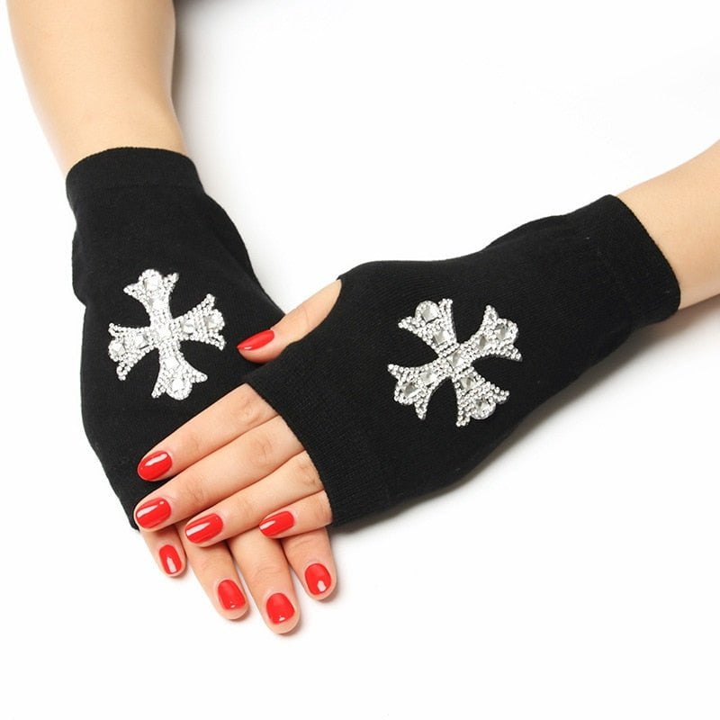 8 / Women Free Size Black fingerless gloves rhinestone 14:350853#8;200000287:200003528#Women Free Size