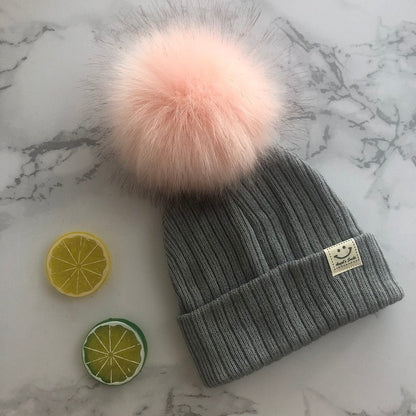 grey hat pink pom / 3-12 months Winter Faux Fur Pompon Hat Scarf 14:350850#grey hat pink pom;5:361386#3-12 months