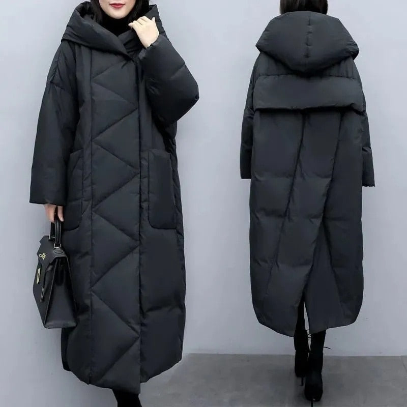 Petite long hooded puffer jacket in black
