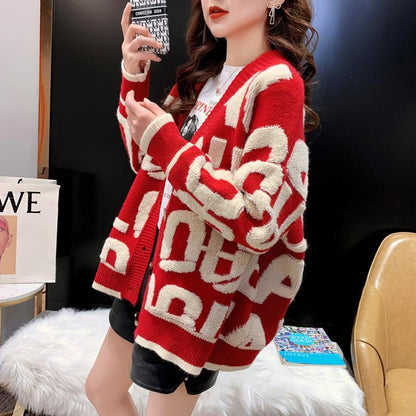 Red / S winter knitted sweaters V-neck 14:10;5:100014064
