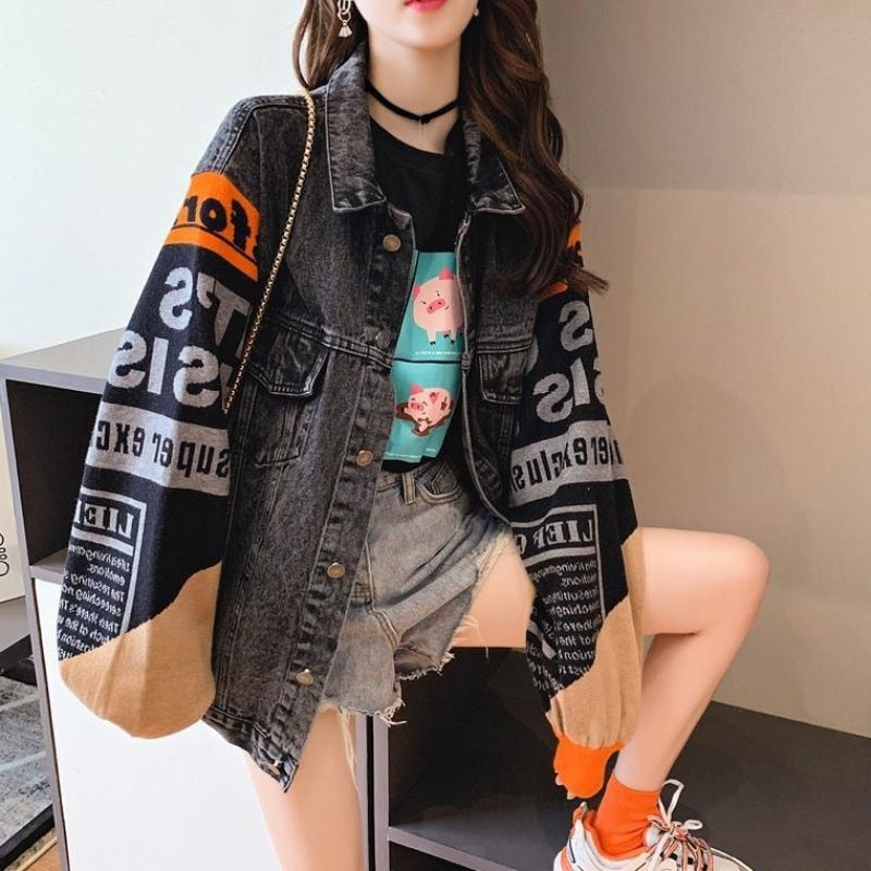TopLady Denim Jacket with Knit Sleeves
