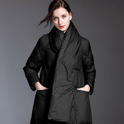 'LV-II' Long puffer coat with stand-up collar scarf