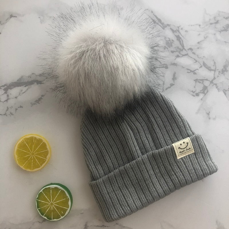 grey hat grey pom / 3-12 months Winter Faux Fur Pompon Hat Scarf for kids 14:350853#grey hat grey pom;5:361386#3-12 months