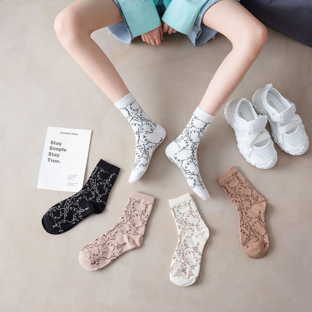 5 pairs/lot women's tube socks cartoon art 14:771#5 COLOR;5:200003528