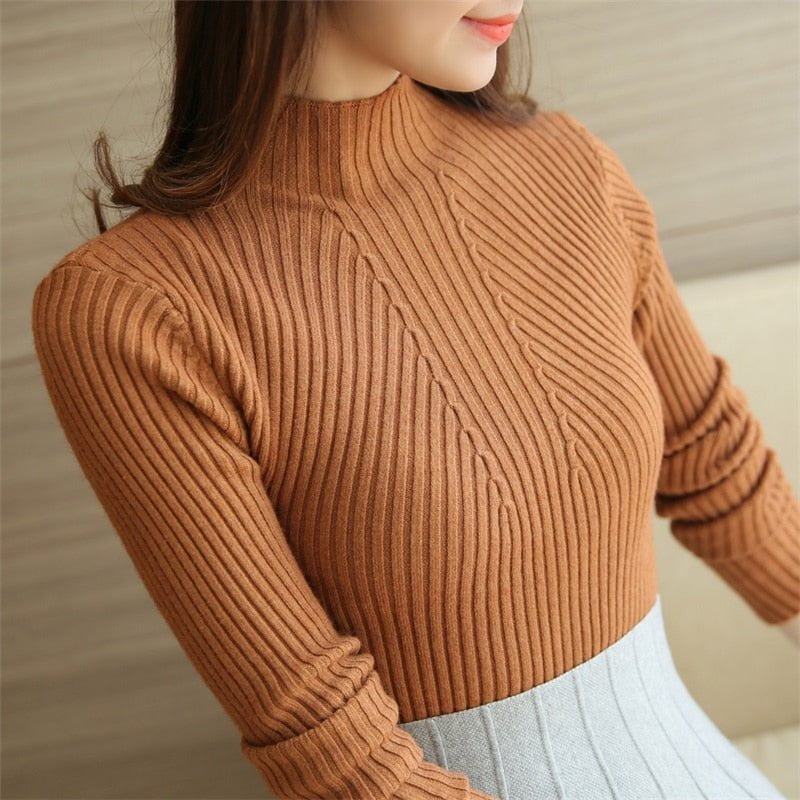 Caramel / One Size Turtleneck Sweater Ladies Knitted Sweater 14:175#Caramel;5:200003528