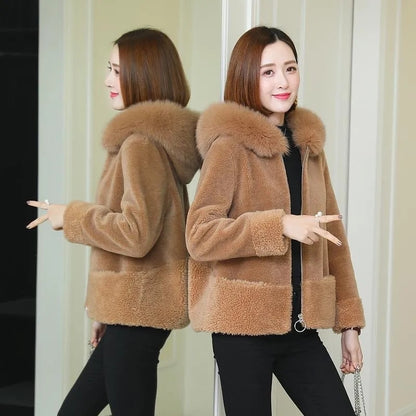 Petite faux fur coat with hood