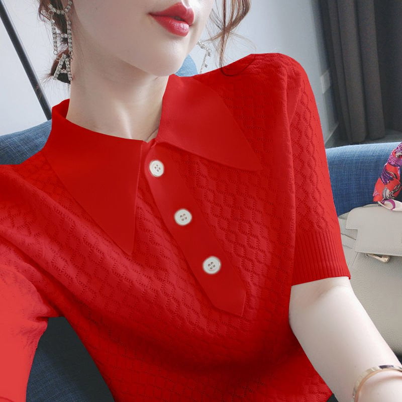 Red / M knitted ice silk Short Sleeve Shirt 14:10;5:361386