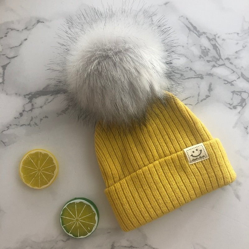 yellow hat grey pom / 3-12 months Winter Faux Fur Pompon Hat Scarf 14:200002984#yellow hat grey pom;5:361386#3-12 months