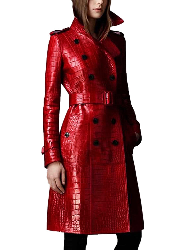 Long leather crocodile trench coat in red with belt
