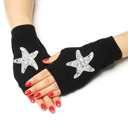 10 / Women Free Size Black fingerless gloves rhinestone 14:10#10;200000287:200003528#Women Free Size