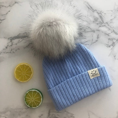 light blue grey pom / 3-12 months Winter Faux Fur Pompon Hat Scarf for kids 14:771#light blue grey pom;5:361386#3-12 months
