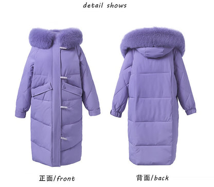 Petite button puffer jacket with fur collar