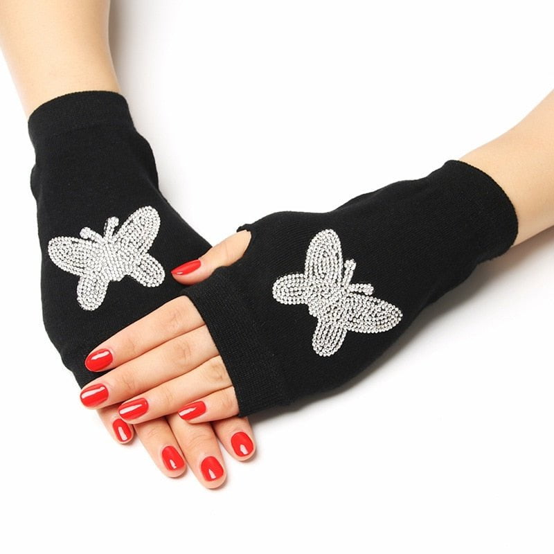 2 / Women Free Size Black fingerless gloves rhinestone 14:691#2;200000287:200003528#Women Free Size