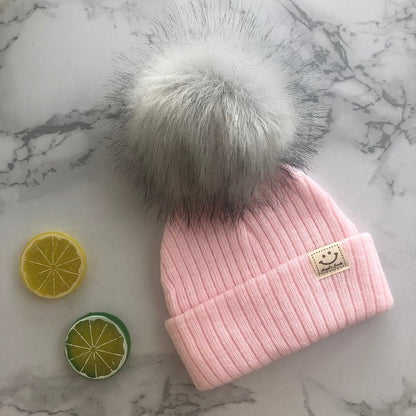 pink hat grey pom / 3-12 months Winter Faux Fur Pompon Hat Scarf for kids 14:366#pink hat grey pom;5:361386#3-12 months