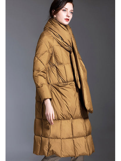 'LV-II' Long puffer coat with stand-up collar scarf
