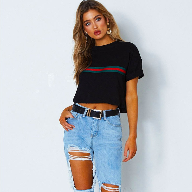 &OS cropped striped short-sleeve t-shirt