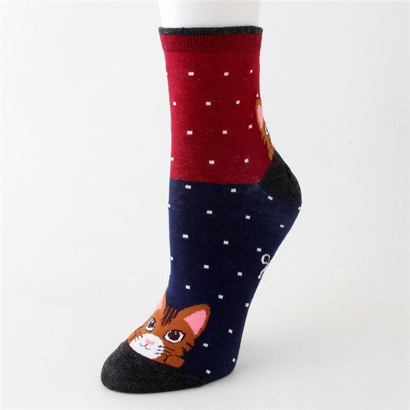 red socks women's cotton socks colorful cat stripped 5Pairs/set 14:10#red socks