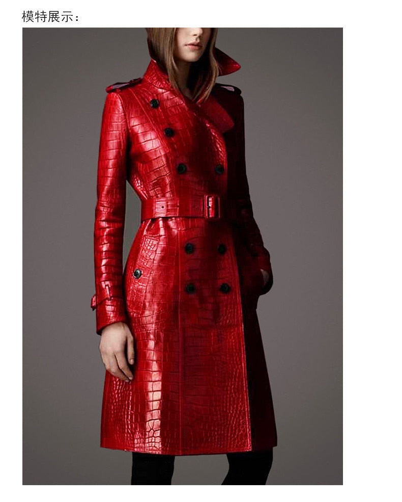 Long leather crocodile trench coat in red with belt
