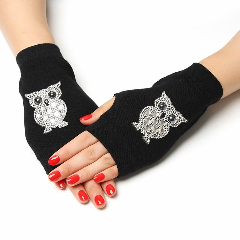 Black fingerless gloves rhinestone