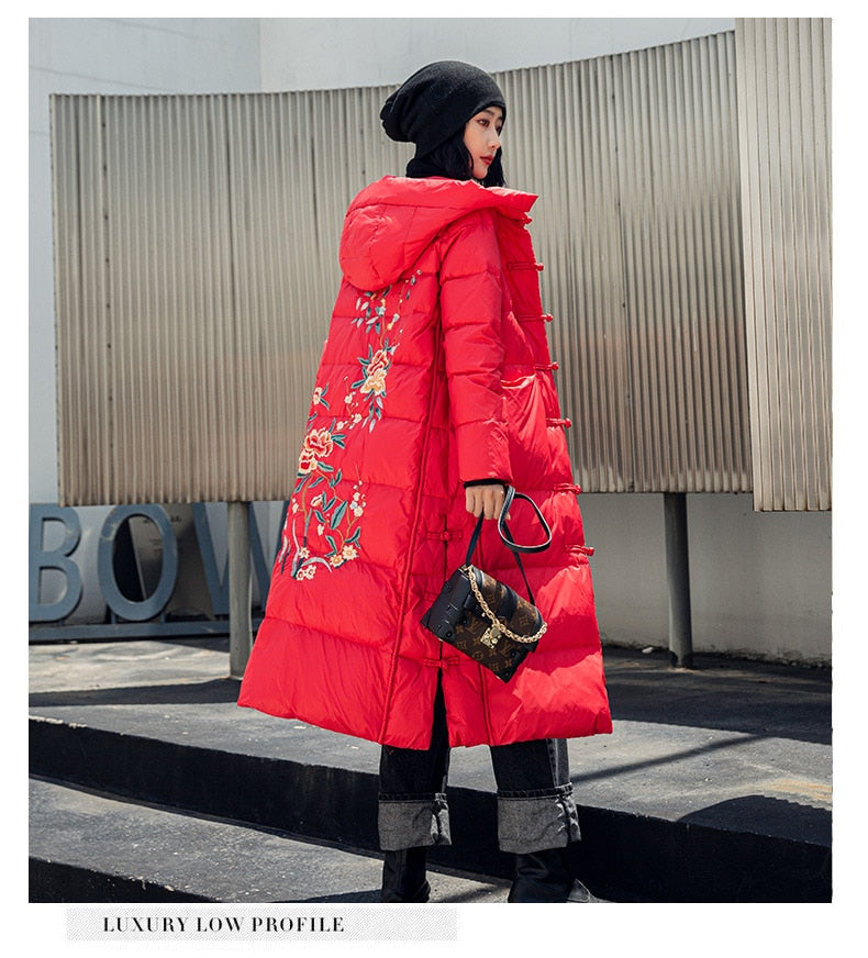 Retro embroidered long puffer coat
