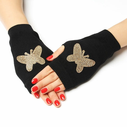 1 / Women Free Size Black fingerless gloves rhinestone 14:193#1;200000287:200003528#Women Free Size