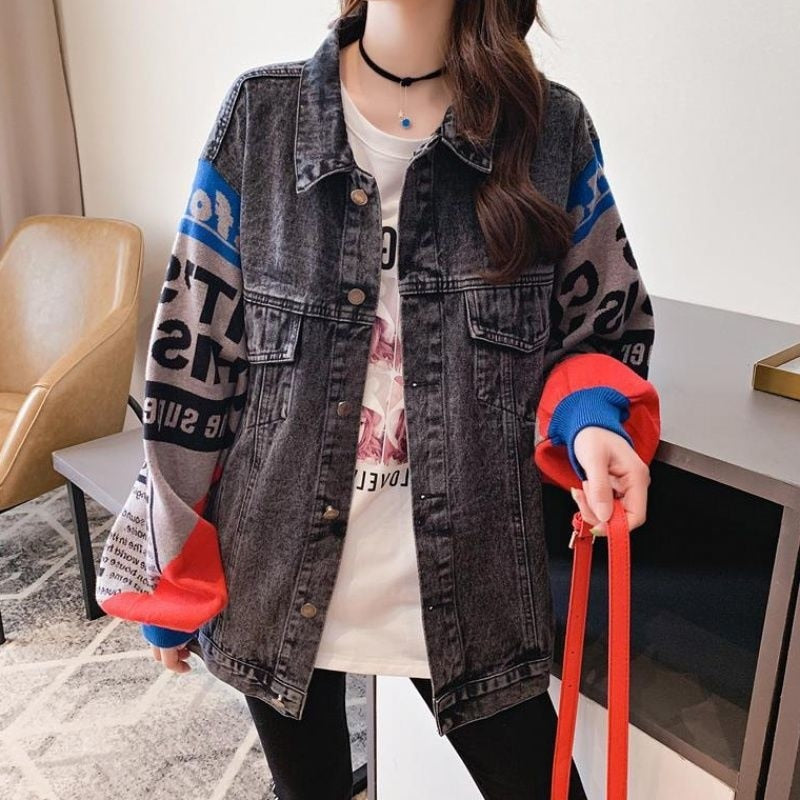 TopLady Denim Jacket with Knit Sleeves