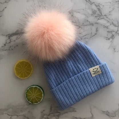 light blue pink pom / 3-12 months Winter Faux Fur Pompon Hat Scarf 14:200002130#light blue pink pom;5:361386#3-12 months