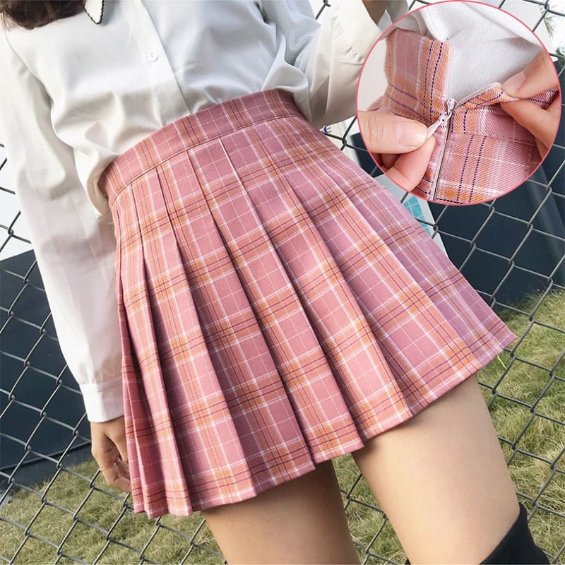 high waisted plaid pleated mini skirt girl