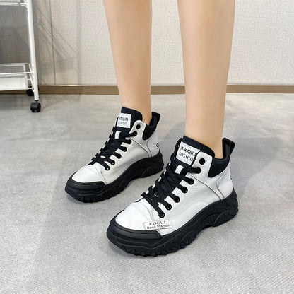 In black and gray, real leather platform sneakers
